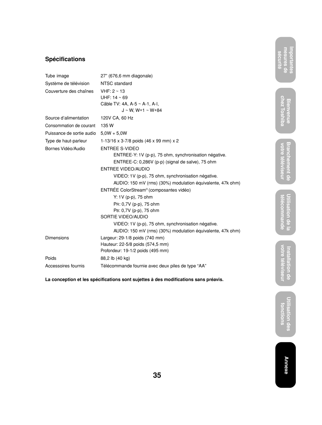 Toshiba 27AF53 appendix Spécifications, Entree S-VIDEO 