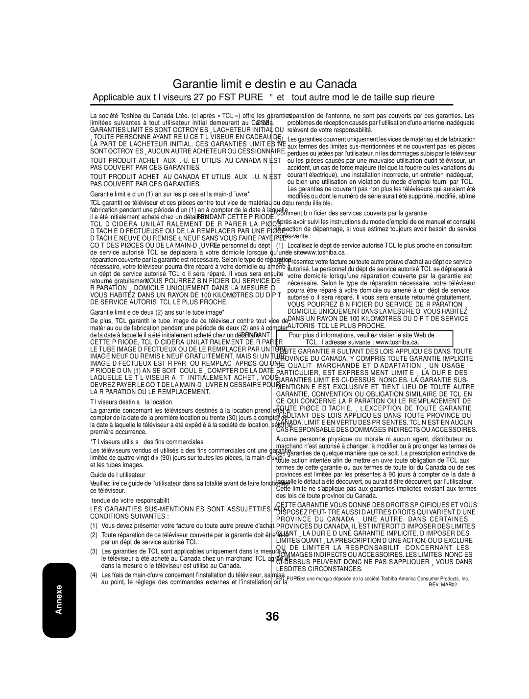 Toshiba 27AF53 appendix Garantie limitée destinée au Canada 