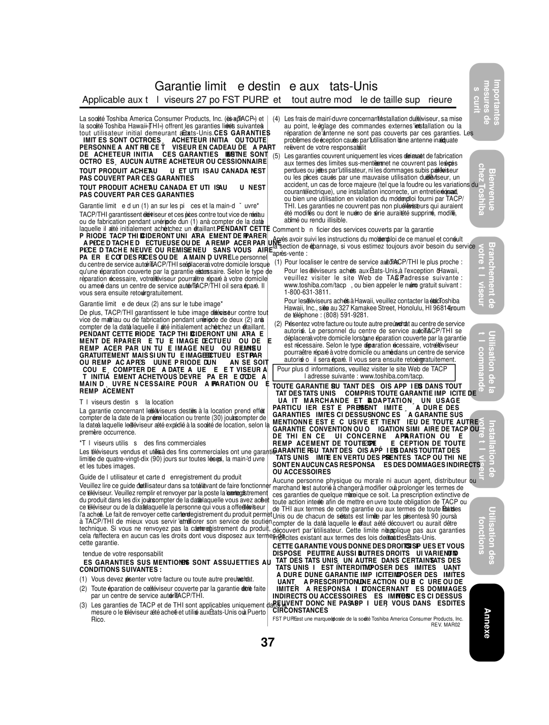 Toshiba 27AF53 appendix Garantie limitée destinée aux États-Unis 