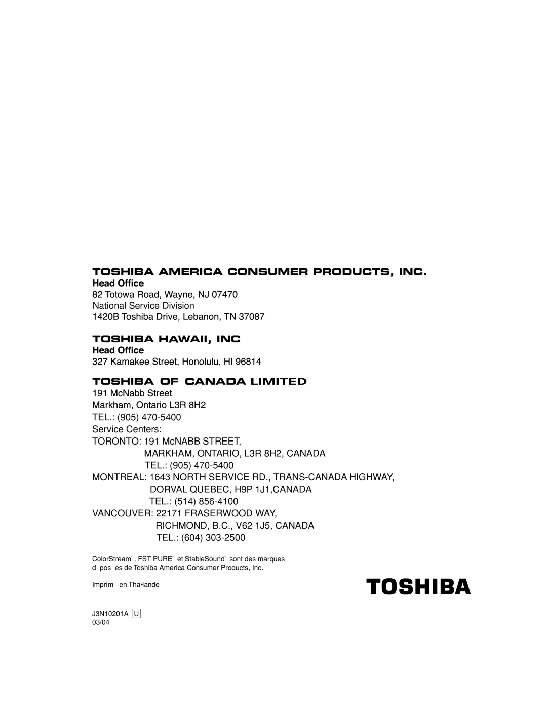 Toshiba 27AF53 appendix Imprimé en Thaïlande J3N10201A U 03/04 