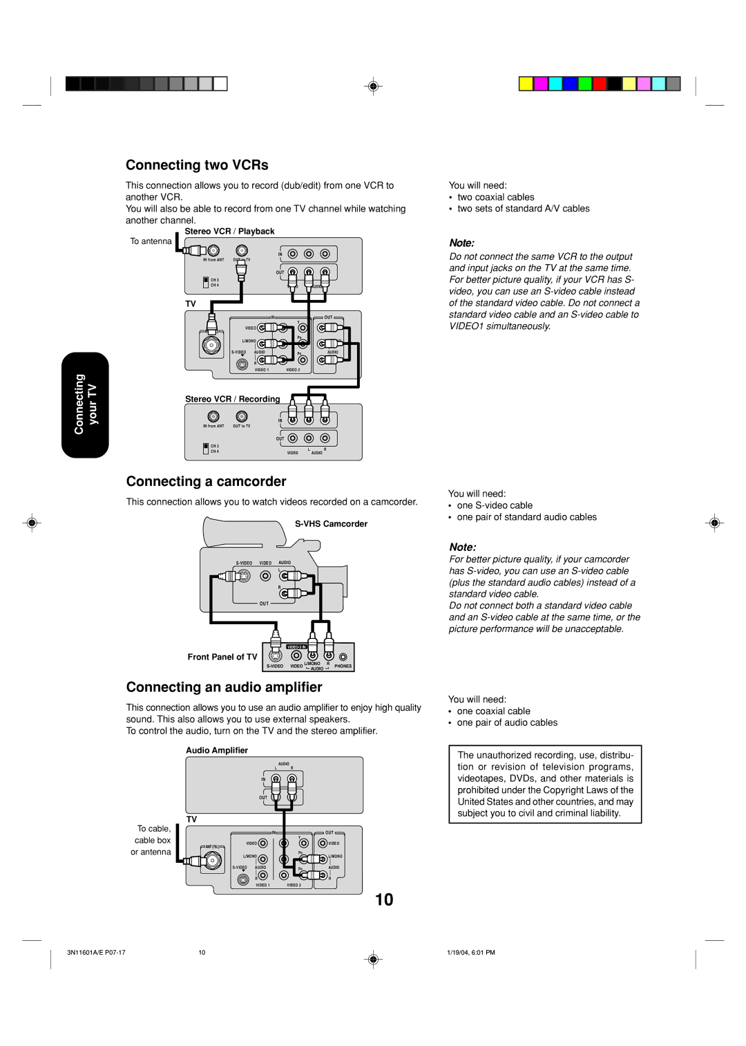 Toshiba 27AFX54 appendix Connecting two VCRs, Connecting a camcorder, Connecting an audio amplifier, One coaxial cable 