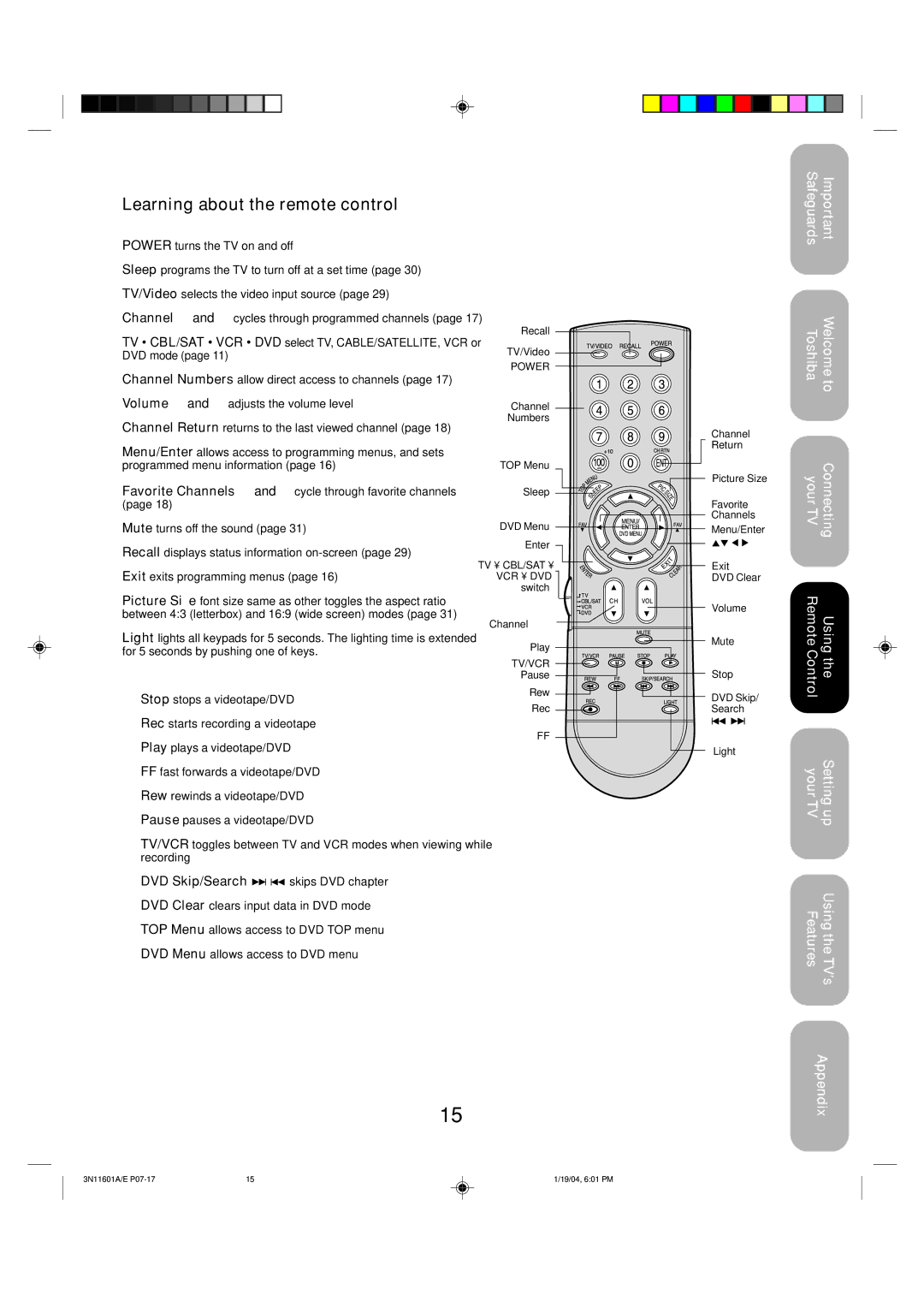 Toshiba 27AFX54 appendix Learning about the remote control, DVD mode, Stop stops a videotape/DVD 