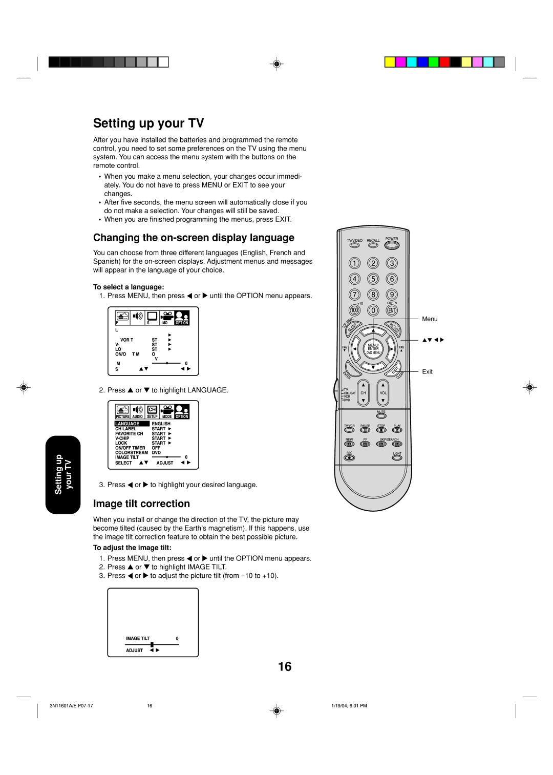 Toshiba 27AFX54 Setting up your TV, Changing the on-screen display language, Image tilt correction, To select a language 