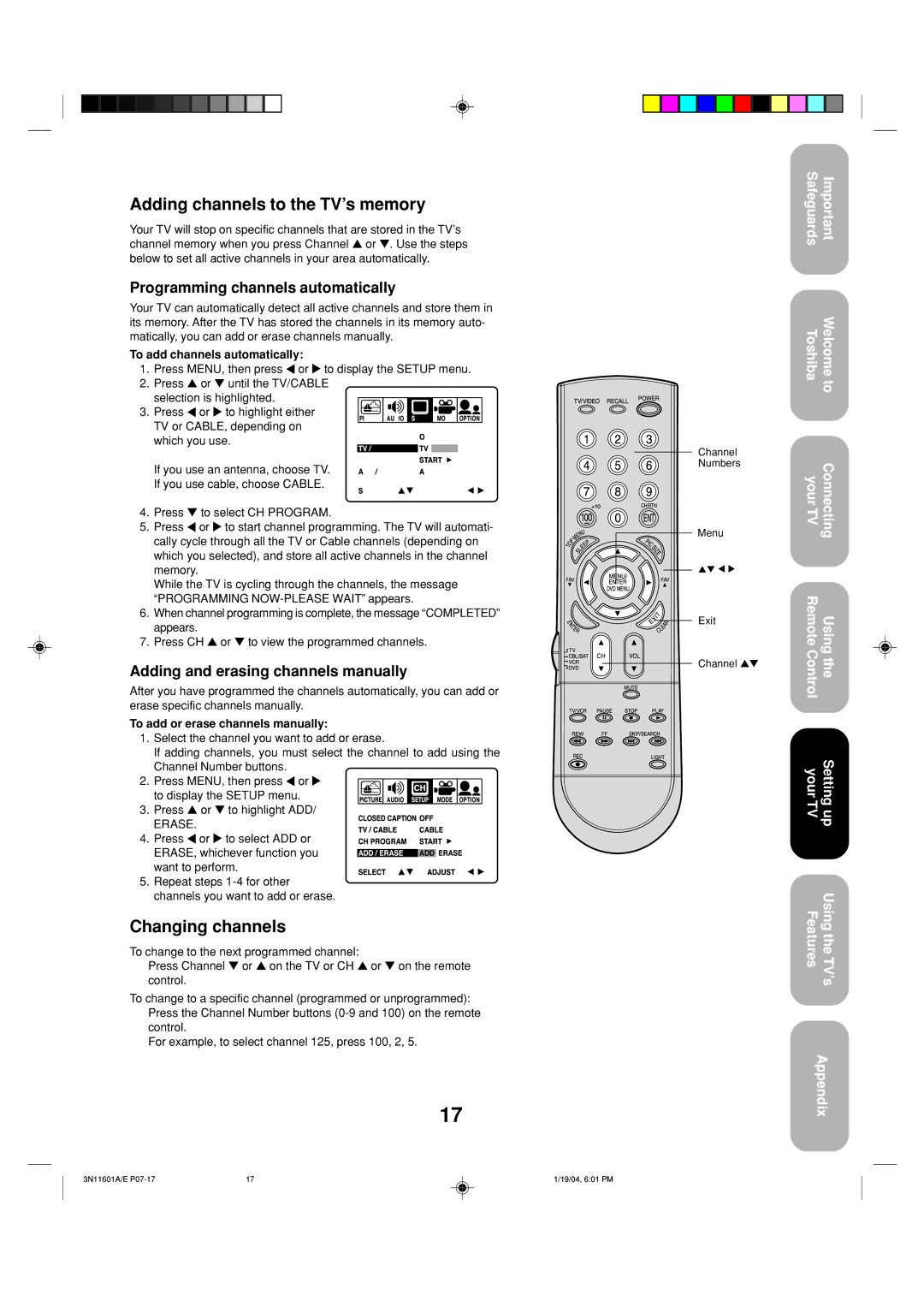 Toshiba 27AFX54 appendix Adding channels to the TV’s memory, Changing channels, Programming channels automatically 