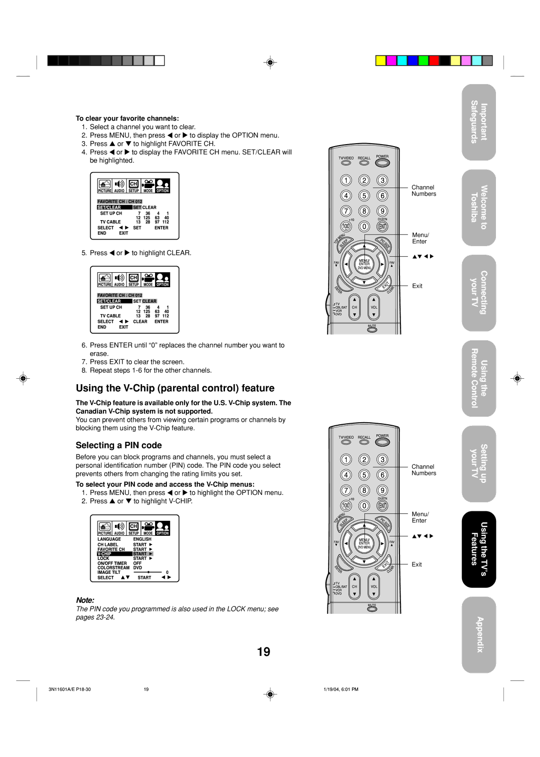 Toshiba 27AFX54 appendix Using the V-Chip parental control feature, Selecting a PIN code, To clear your favorite channels 