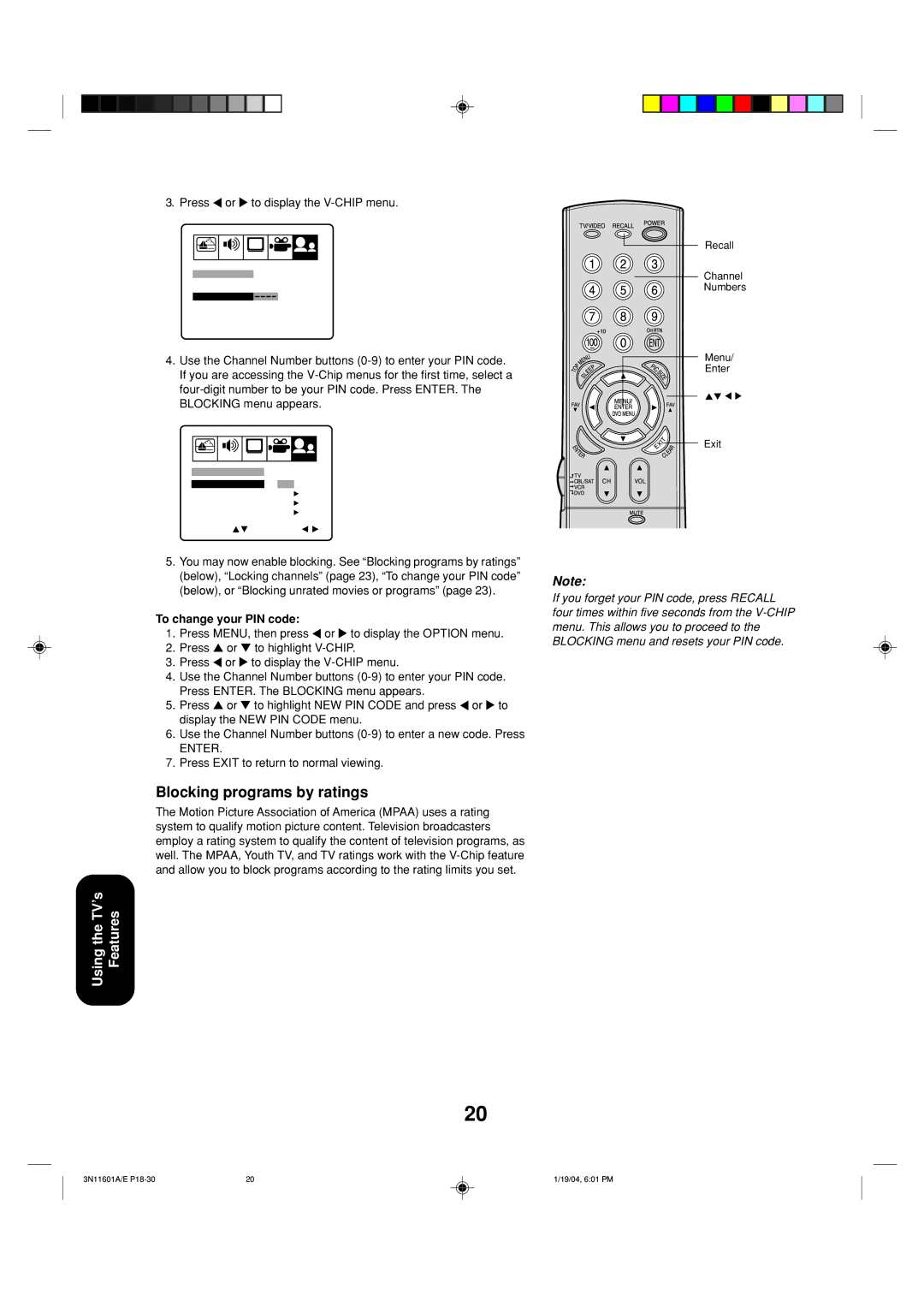 Toshiba 27AFX54 appendix Blocking programs by ratings, To change your PIN code, Press Exit to return to normal viewing 