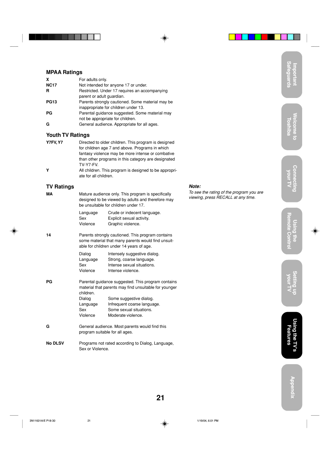 Toshiba 27AFX54 appendix Mpaa Ratings, Youth TV Ratings 