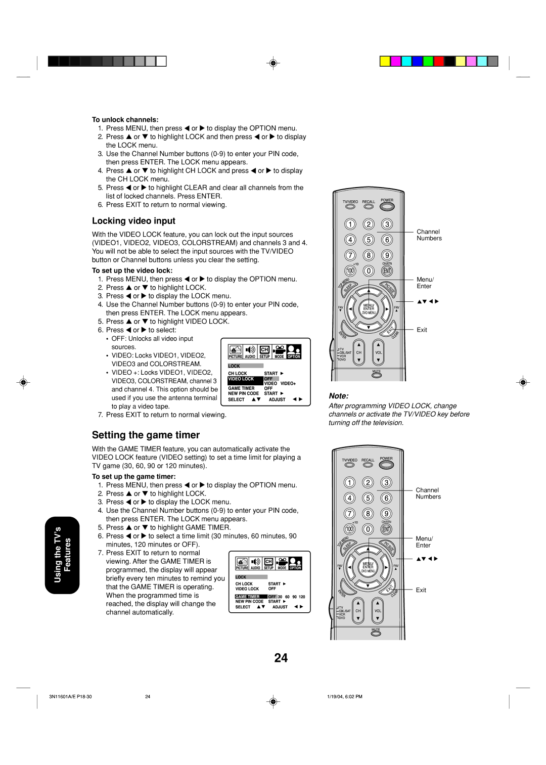 Toshiba 27AFX54 appendix Setting the game timer, Locking video input, To unlock channels, To set up the video lock 