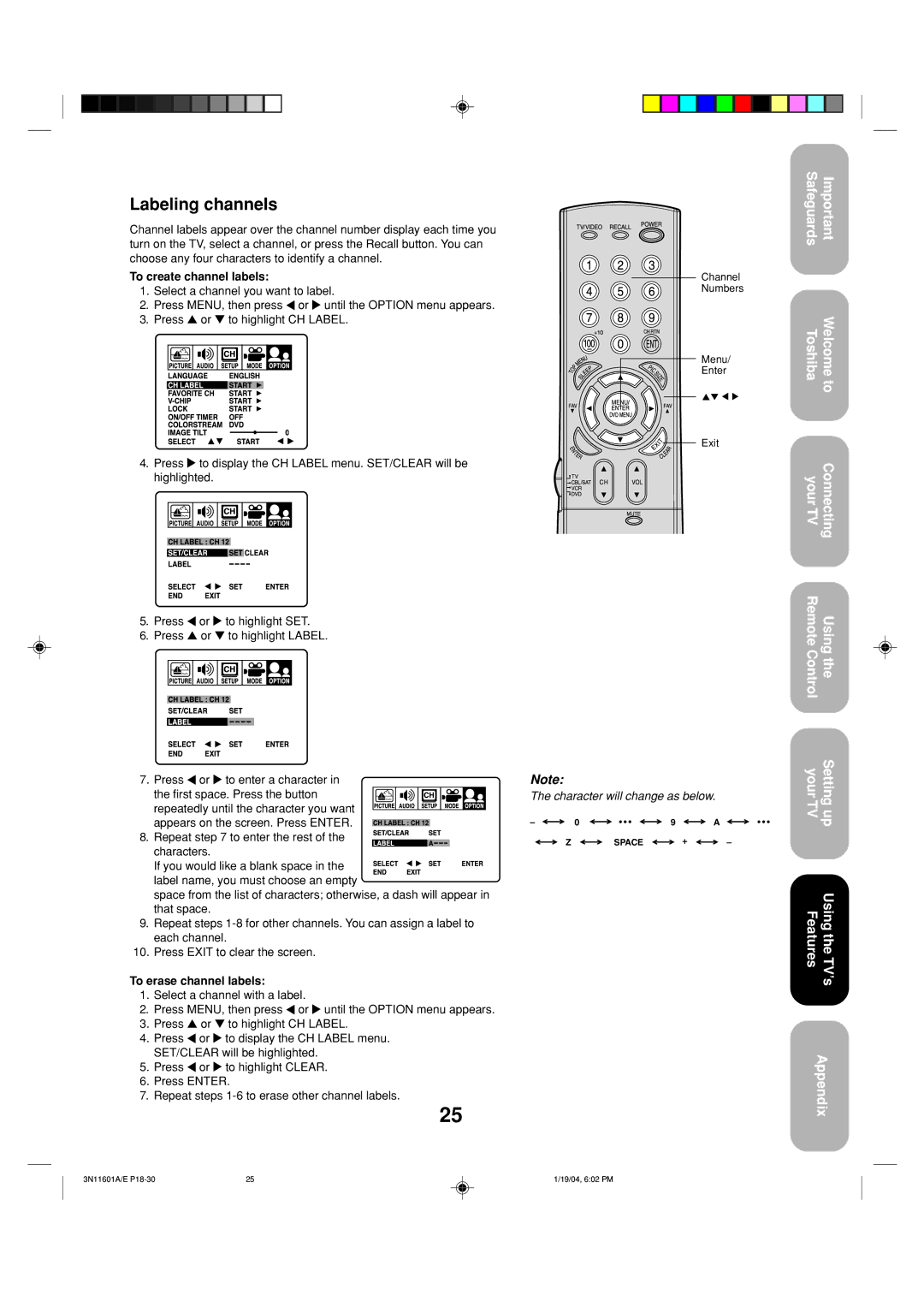 Toshiba 27AFX54 appendix Labeling channels, To create channel labels, To erase channel labels 