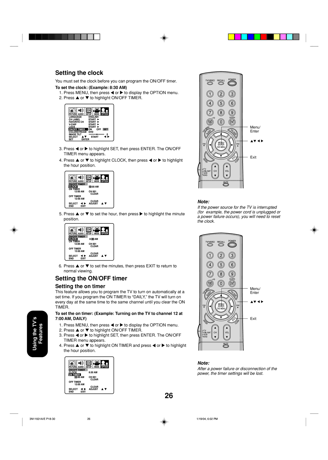 Toshiba 27AFX54 appendix Setting the clock, Setting the ON/OFF timer, Setting the on timer, To set the clock Example 830 AM 