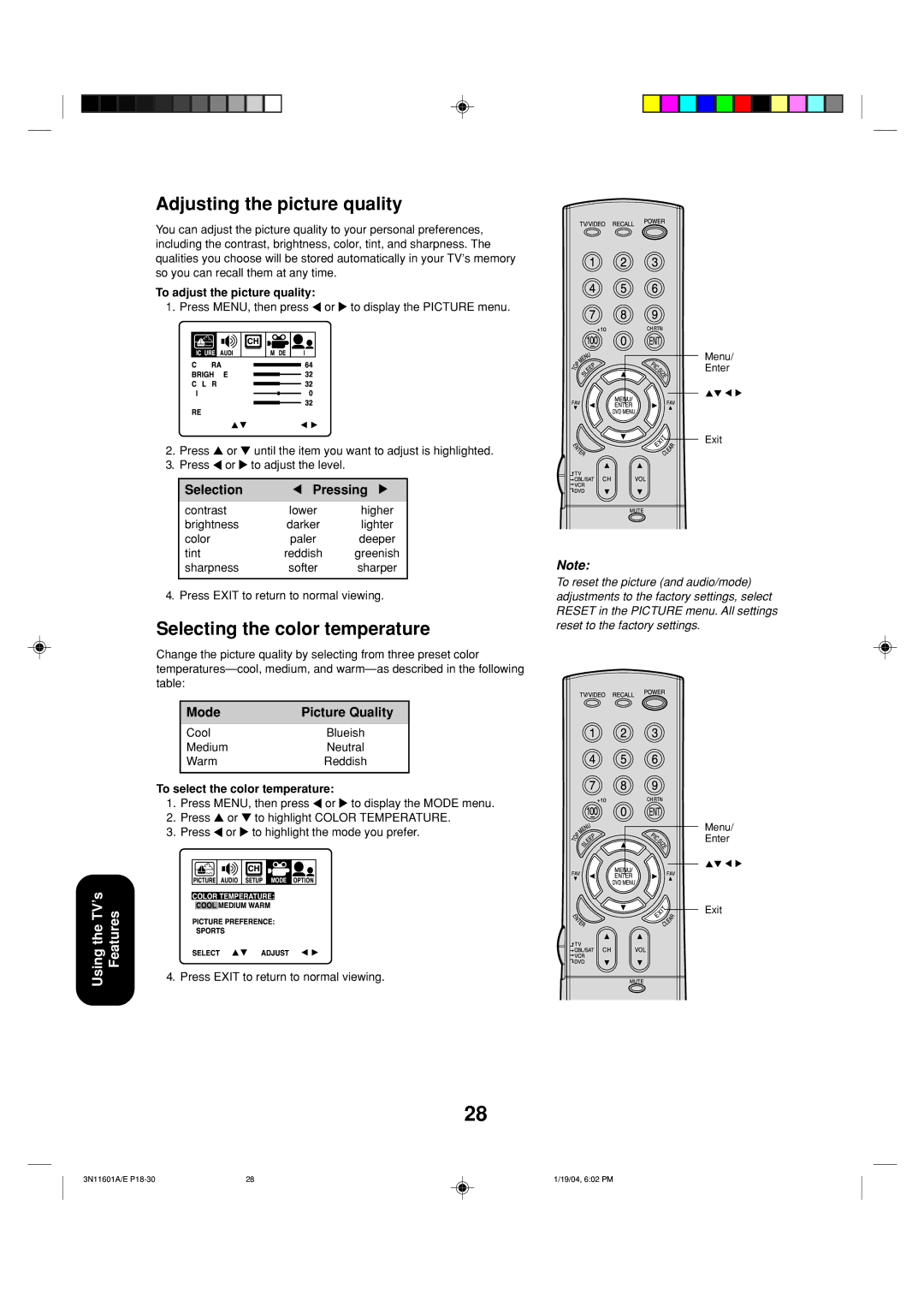 Toshiba 27AFX54 appendix To adjust the picture quality, To select the color temperature 