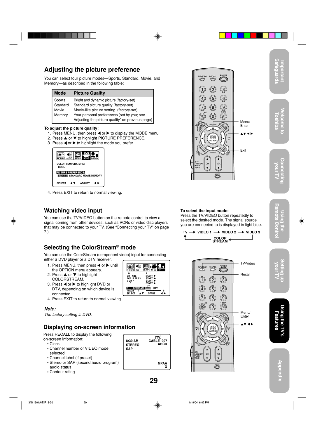 Toshiba 27AFX54 appendix Watching video input, Selecting the ColorStream mode, Displaying on-screen information 