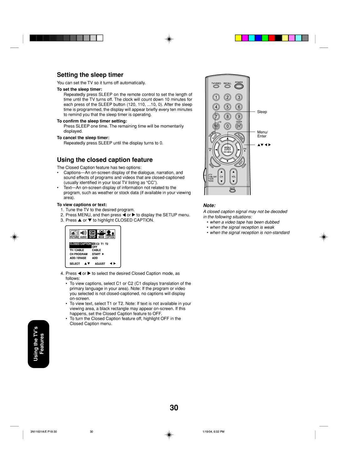 Toshiba 27AFX54 appendix Setting the sleep timer, Using the closed caption feature 