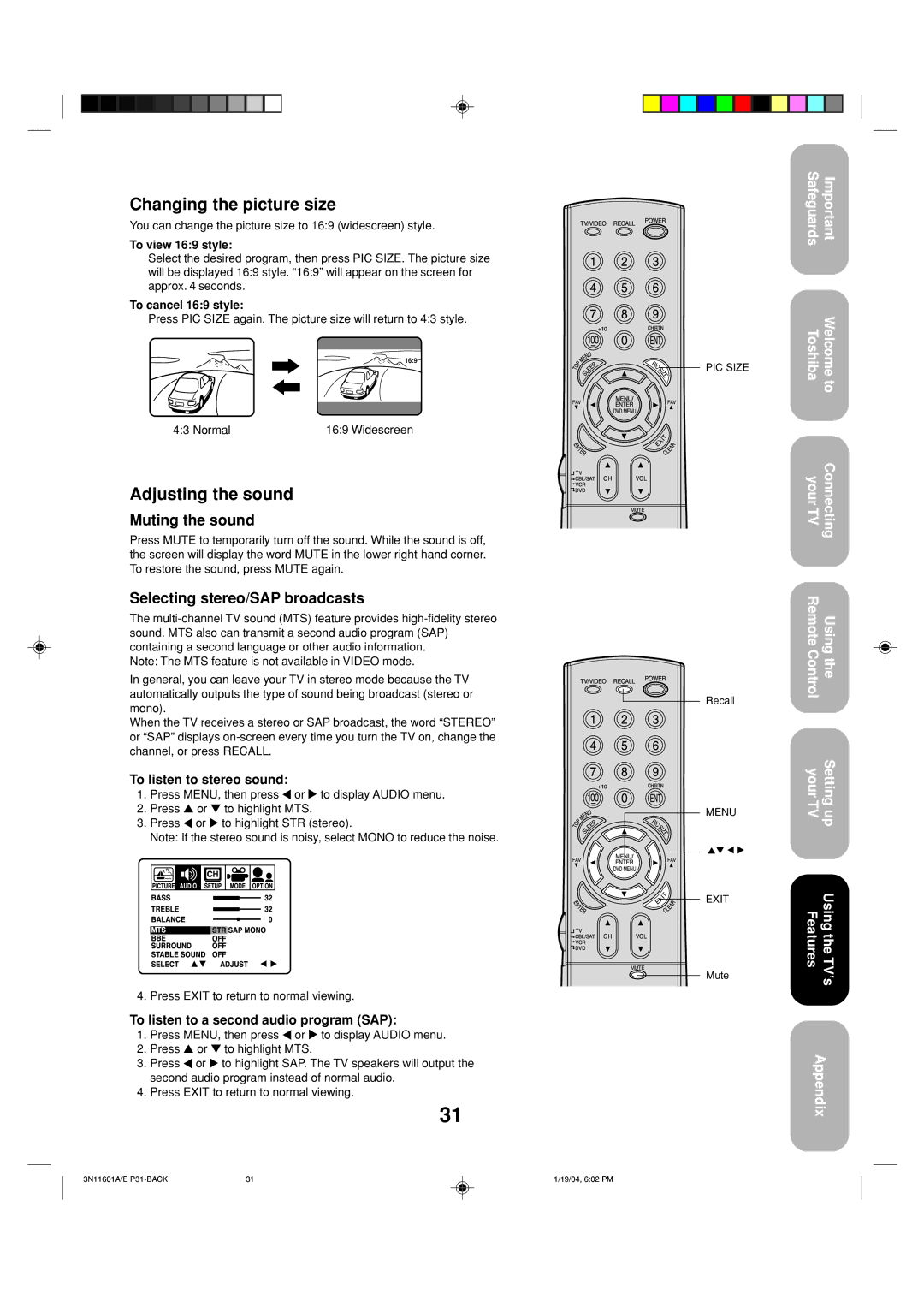 Toshiba 27AFX54 appendix Changing the picture size, Adjusting the sound, Muting the sound, Selecting stereo/SAP broadcasts 