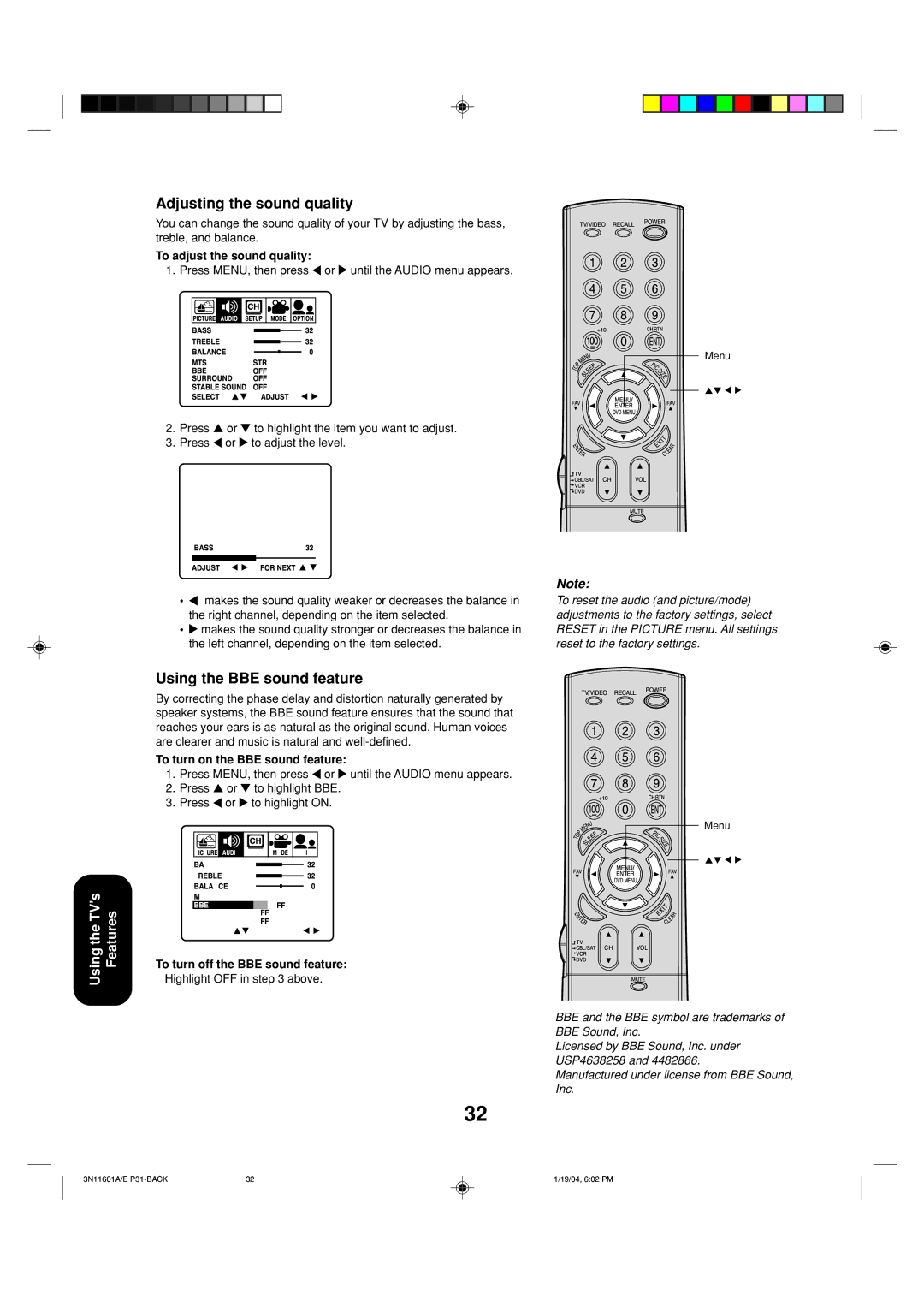 Toshiba 27AFX54 appendix Adjusting the sound quality, Using the BBE sound feature, To adjust the sound quality 