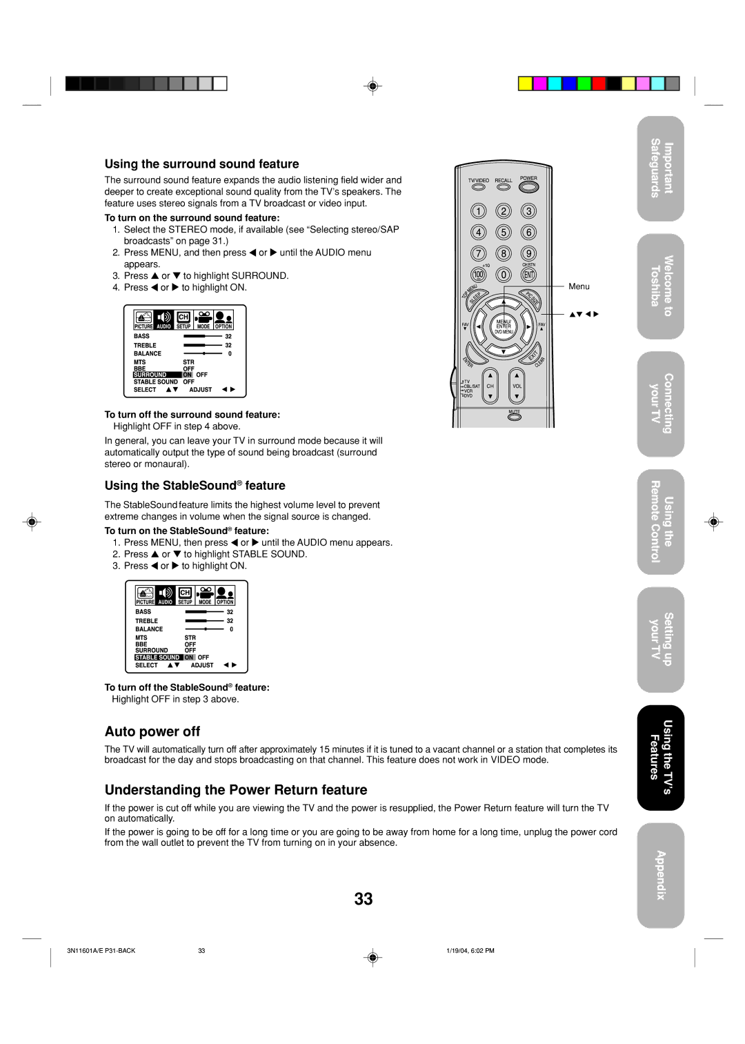 Toshiba 27AFX54 appendix Auto power off, Understanding the Power Return feature, Using the surround sound feature 