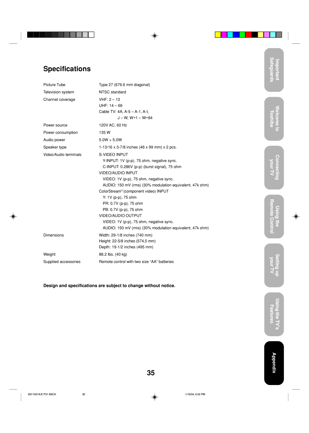 Toshiba 27AFX54 appendix Specifications 