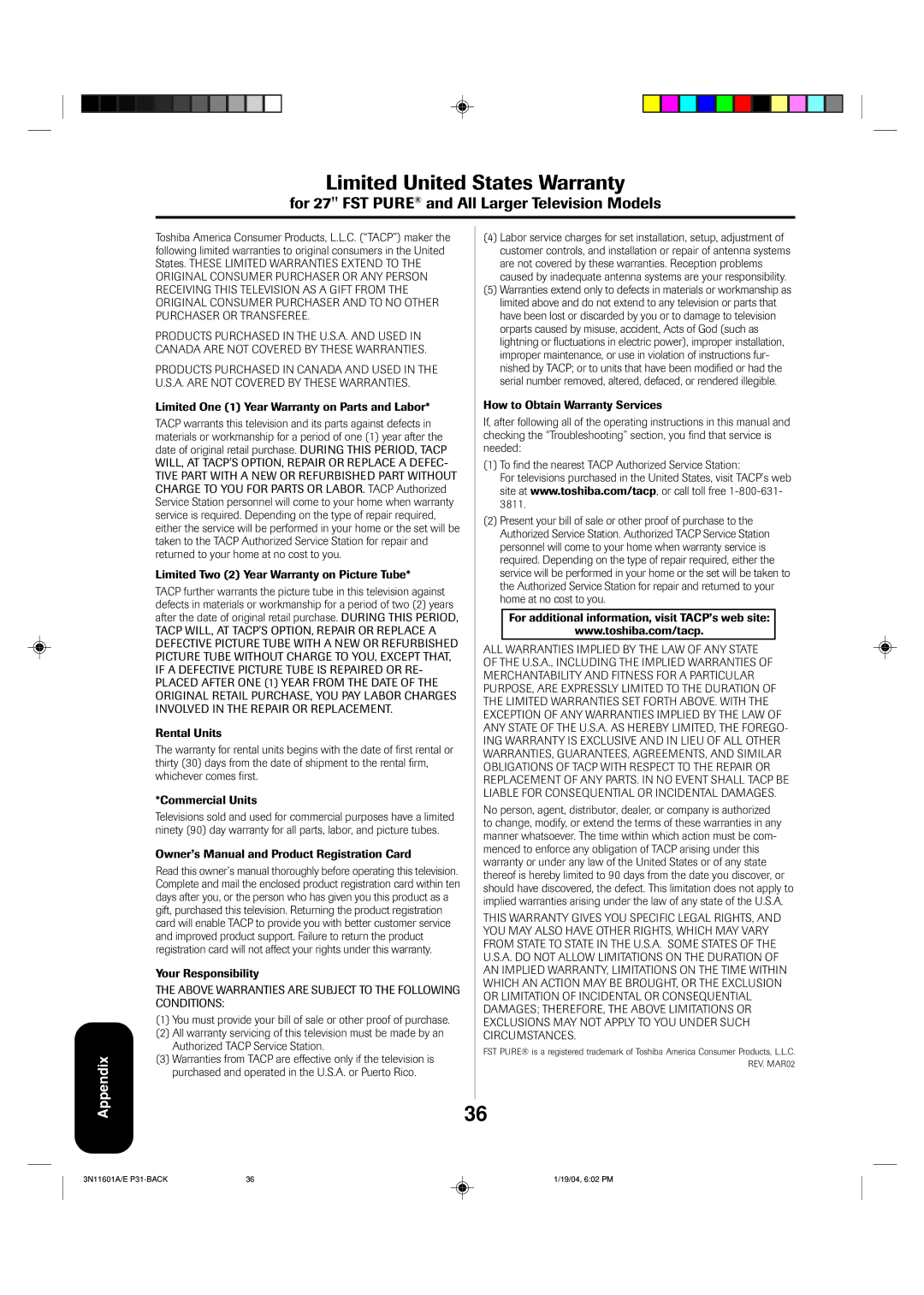 Toshiba 27AFX54 appendix Limited United States Warranty 