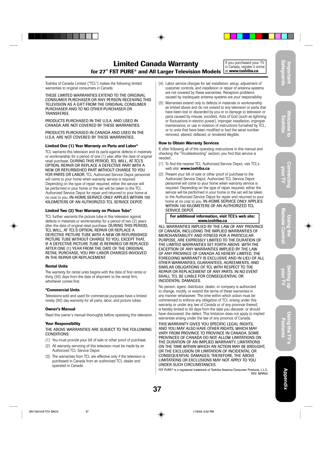 Toshiba 27AFX54 appendix Limited Canada Warranty 