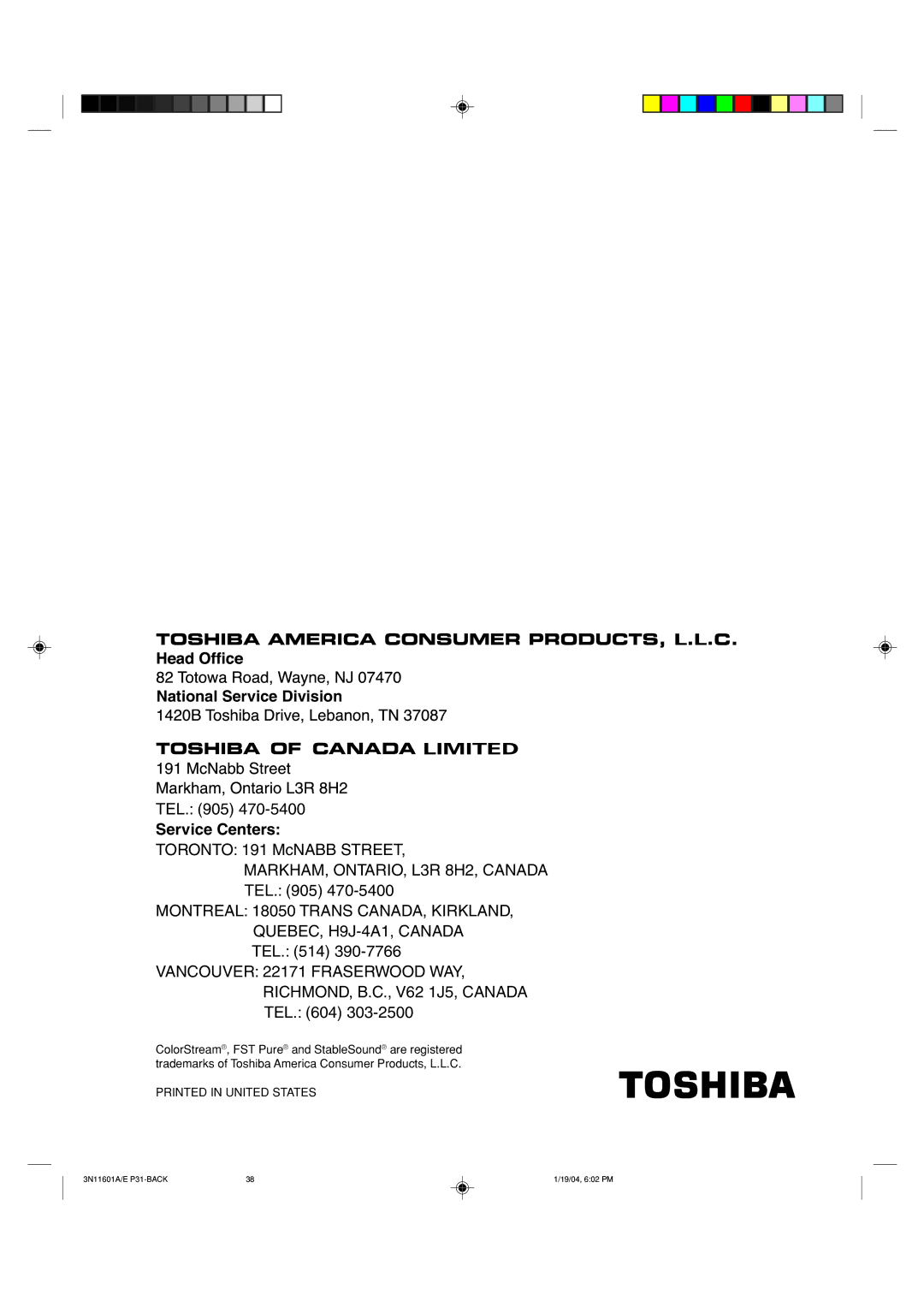 Toshiba 27AFX54 appendix National Service Division 