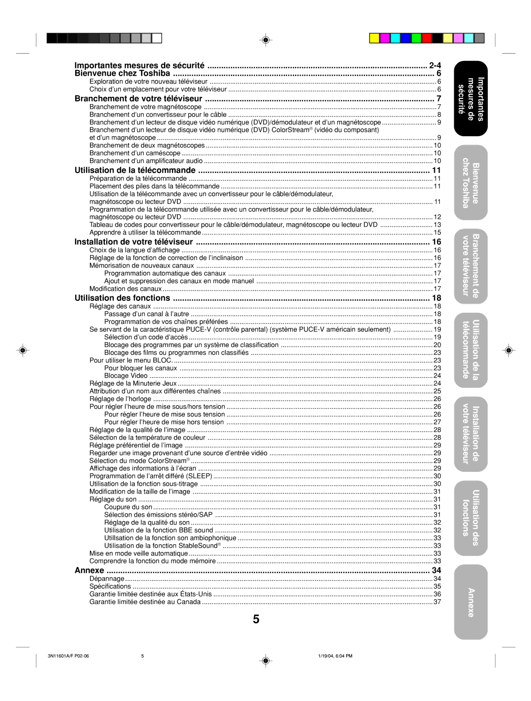 Toshiba 27AFX54 Importantes mesures de sécurité, Utilisation de la télécommande, Installation de votre téléviseur, Annexe 