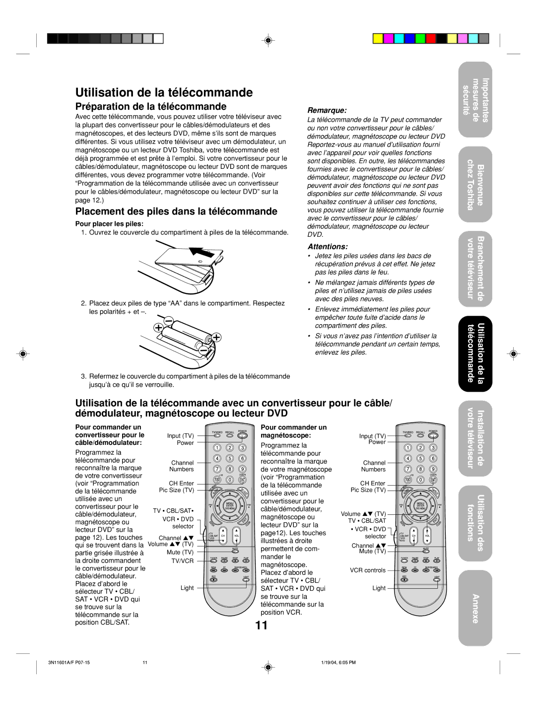 Toshiba 27AFX54 Utilisation de la télécommande, Préparation de la télécommande, Placement des piles dans la télécommande 