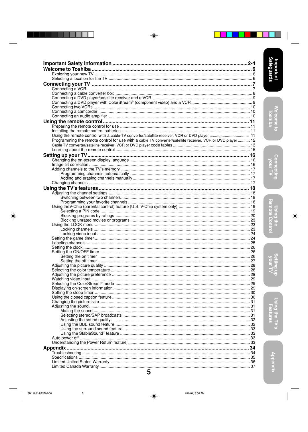 Toshiba 27AFX54 Important Safety Information Welcome to Toshiba, Connecting your TV, Using the remote control, Appendix 