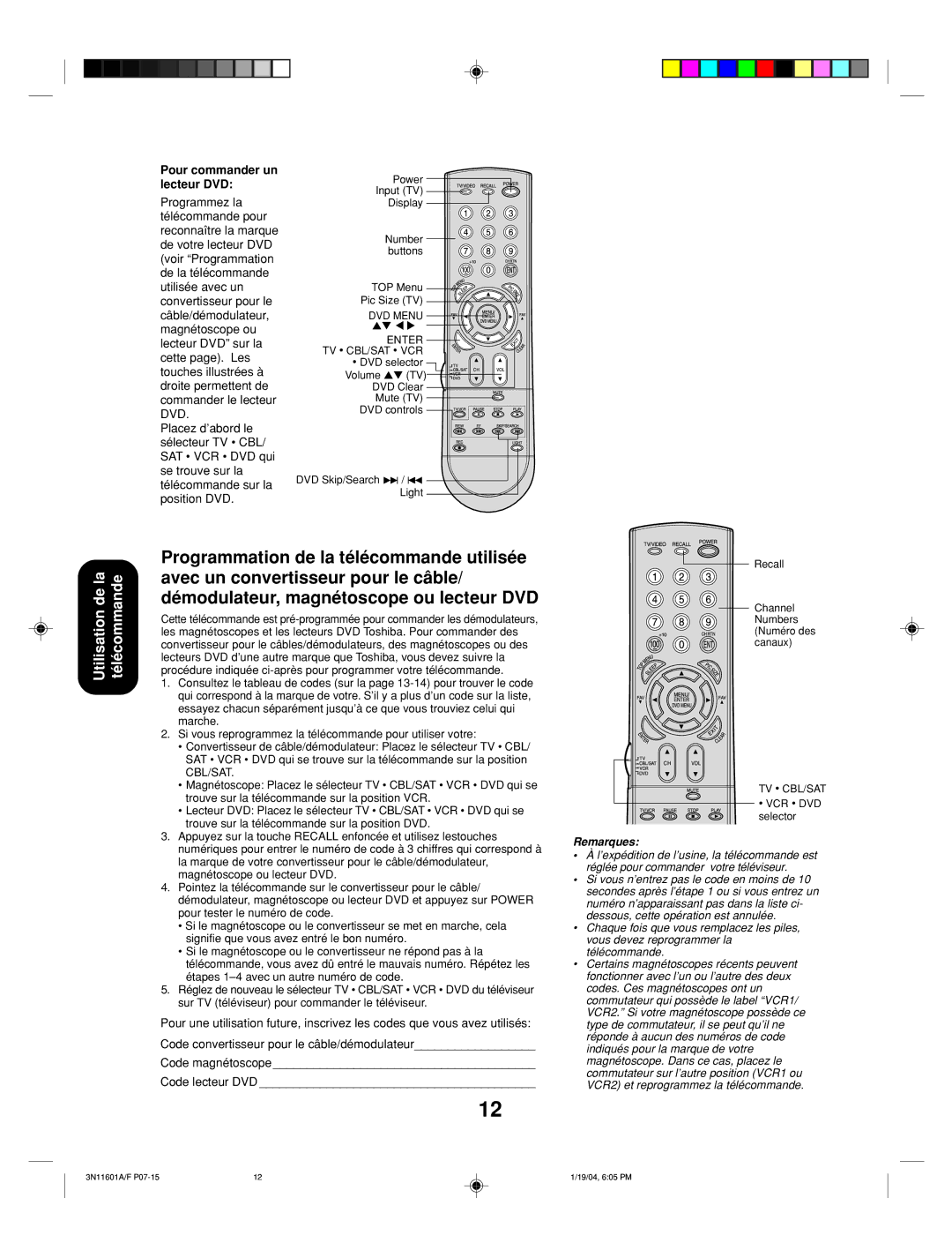 Toshiba 27AFX54 appendix Pour commander un lecteur DVD, Remarques 