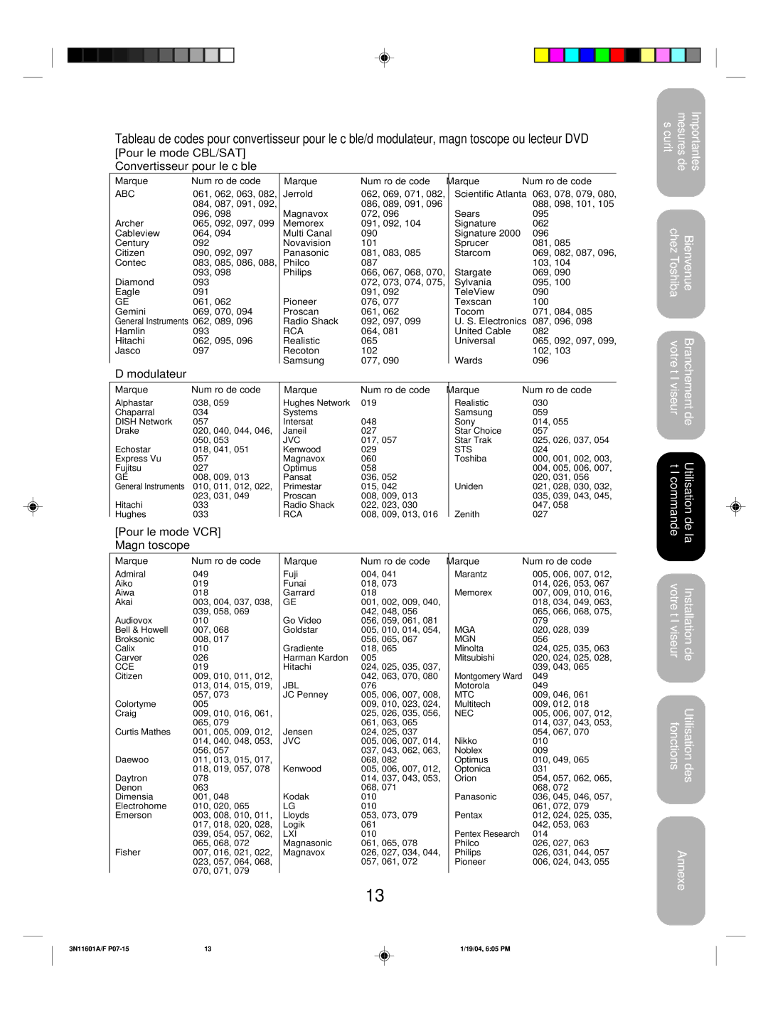 Toshiba 27AFX54 appendix Pour le mode CBL/SAT Convertisseur pour le câble, Marque Numéro de code 