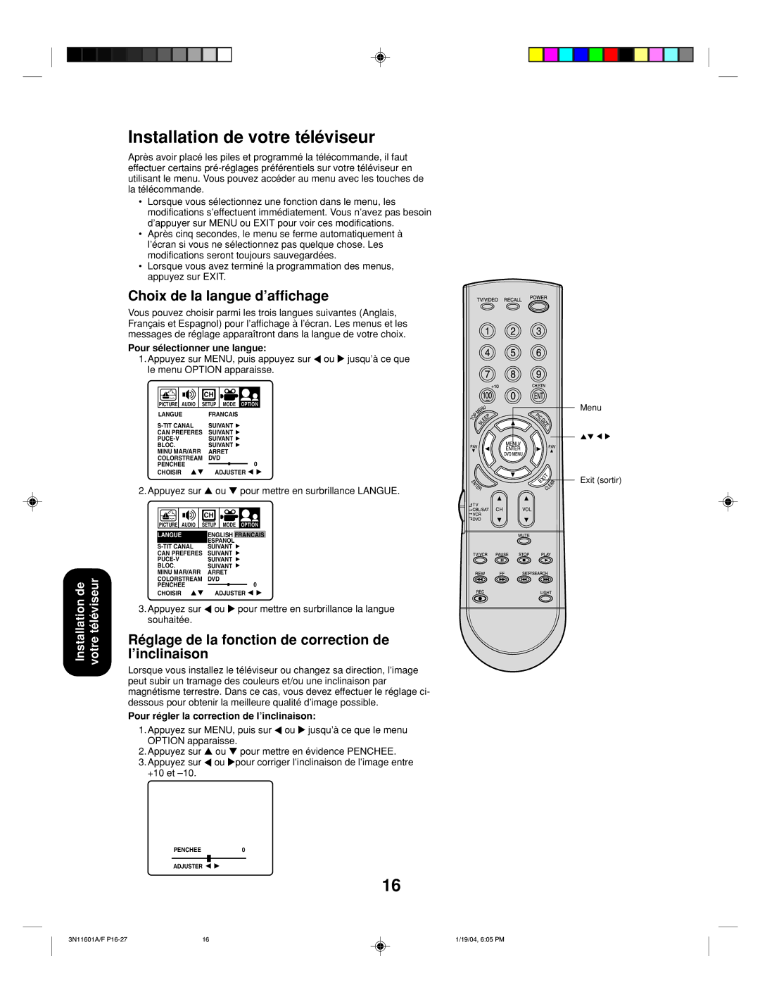 Toshiba 27AFX54 appendix Installation de votre téléviseur, Choix de la langue d’affichage, Pour sélectionner une langue 