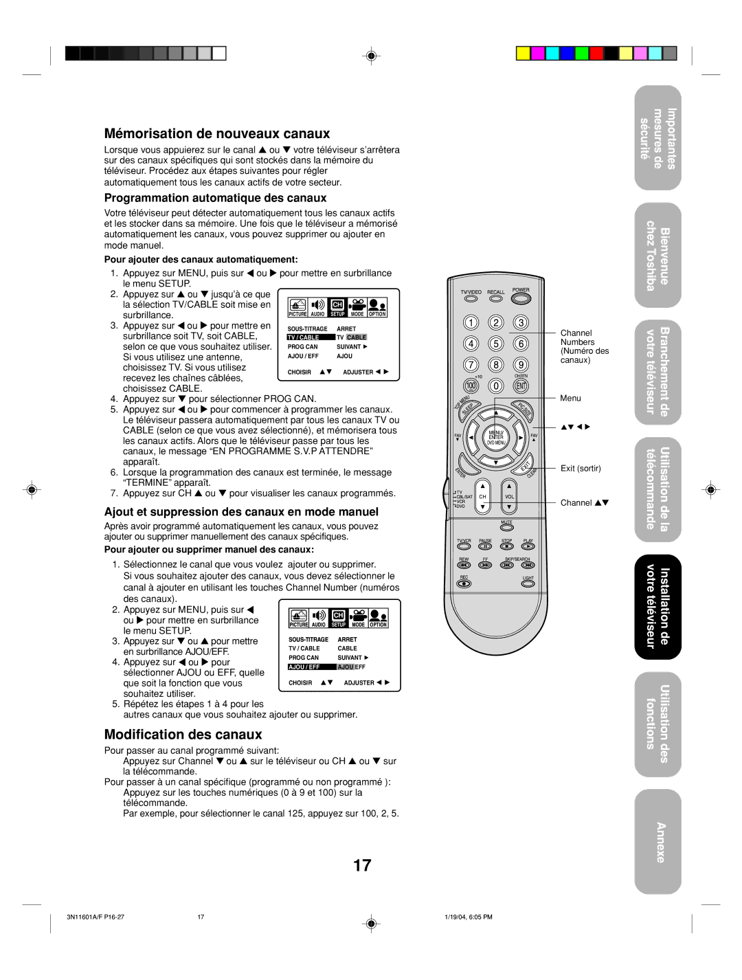 Toshiba 27AFX54 appendix Mémorisation de nouveaux canaux, Modification des canaux, Programmation automatique des canaux 