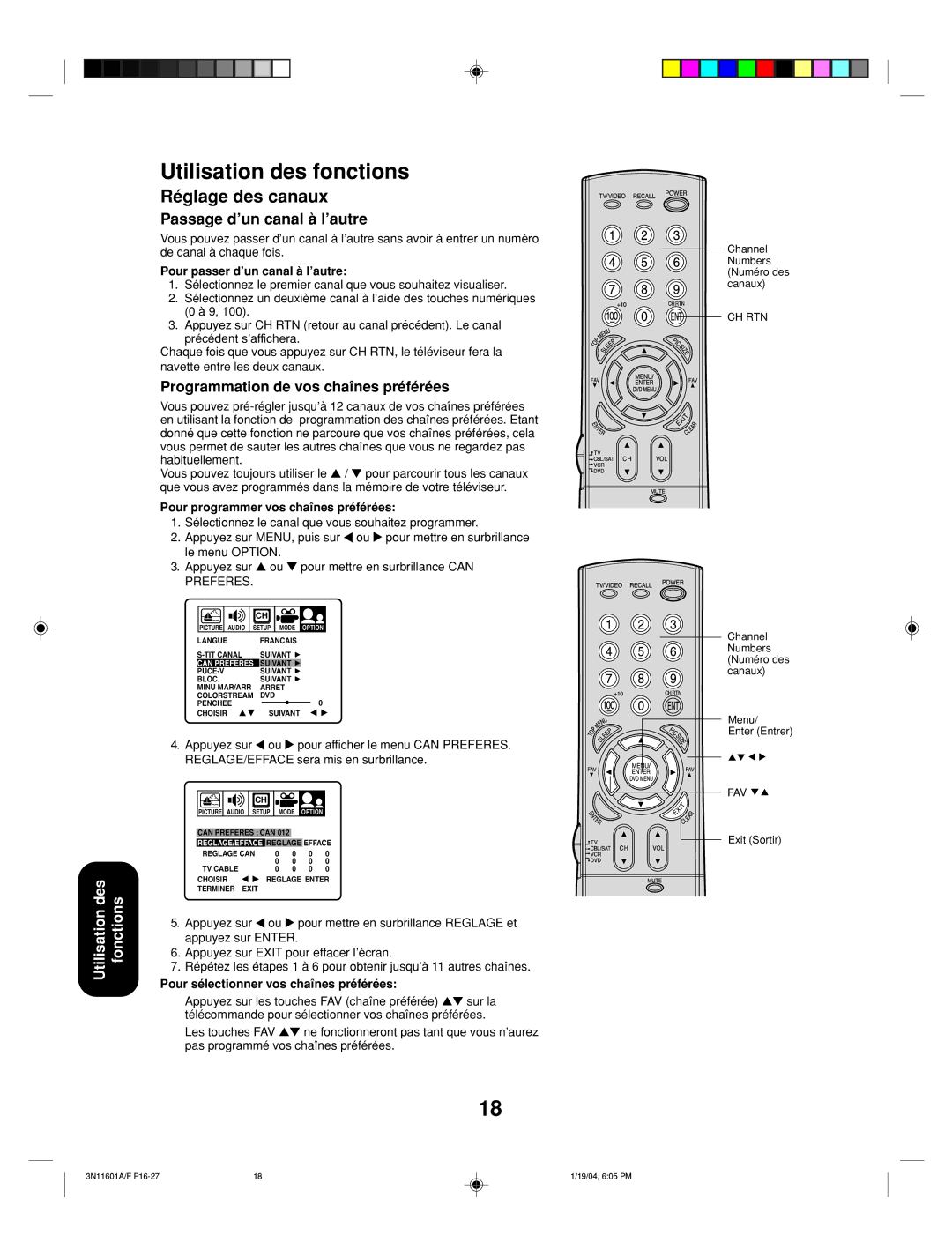 Toshiba 27AFX54 appendix Utilisation des fonctions, Réglage des canaux, Passage d’un canal à l’autre 