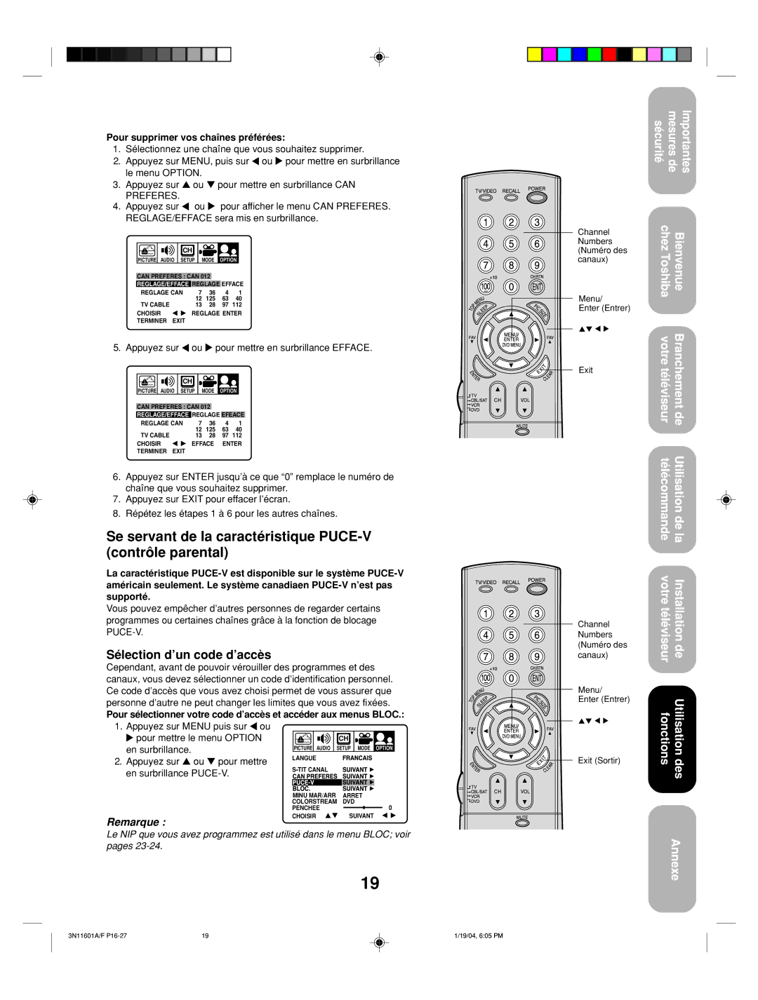 Toshiba 27AFX54 appendix Se servant de la caractéristique PUCE-V contrôle parental, Sélection d’un code d’accès 