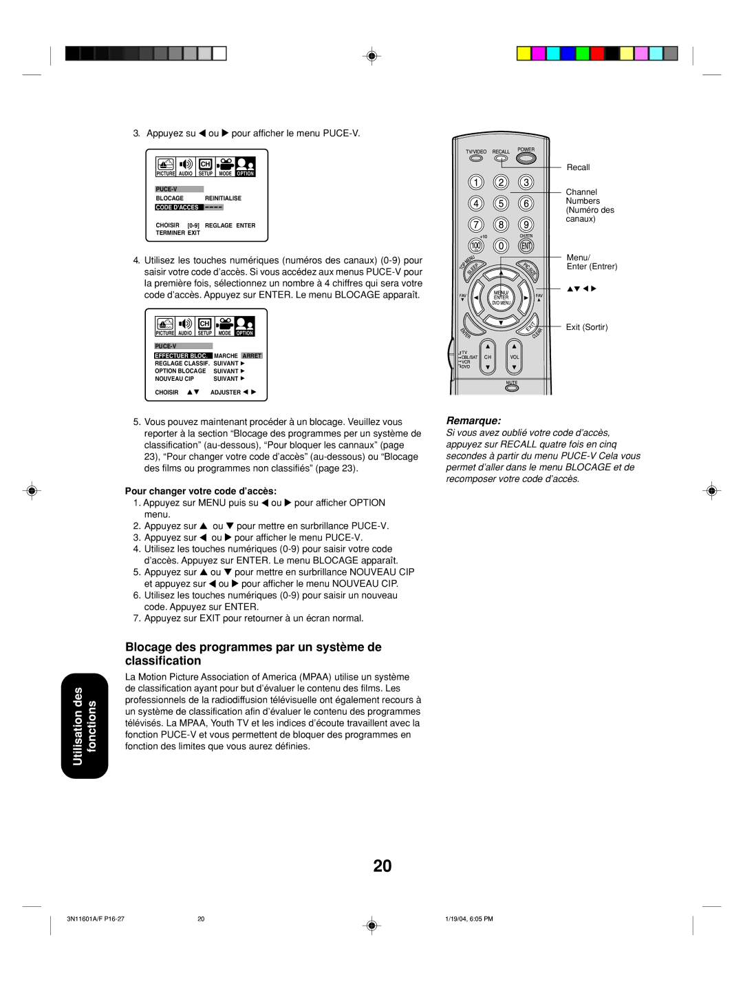 Toshiba 27AFX54 Blocage des programmes par un système de classification, Appuyez su ou pour afficher le menu PUCE-V 