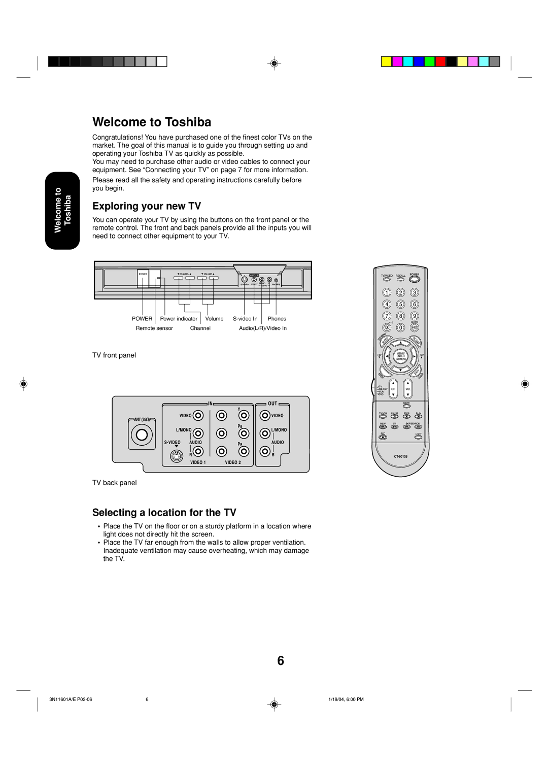 Toshiba 27AFX54 Welcome to Toshiba, Exploring your new TV, Selecting a location for the TV, TV front panel, TV back panel 