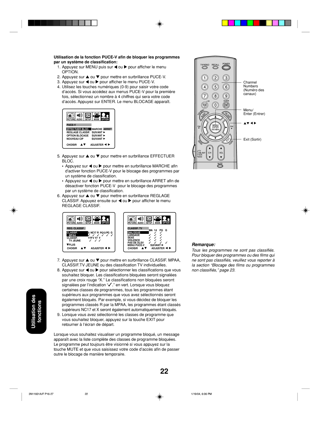 Toshiba 27AFX54 appendix Appuyez sur Menu puis sur ou pour afficher le menu, Option 