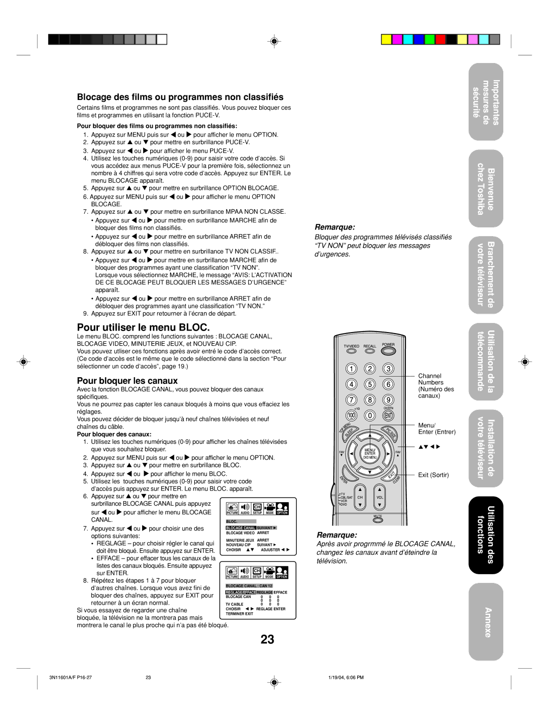 Toshiba 27AFX54 Pour utiliser le menu Bloc, Blocage des films ou programmes non classifiés, Pour bloquer les canaux 