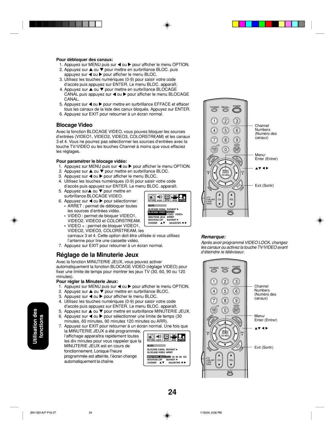 Toshiba 27AFX54 appendix Réglage de la Minuterie Jeux, Blocage Video 