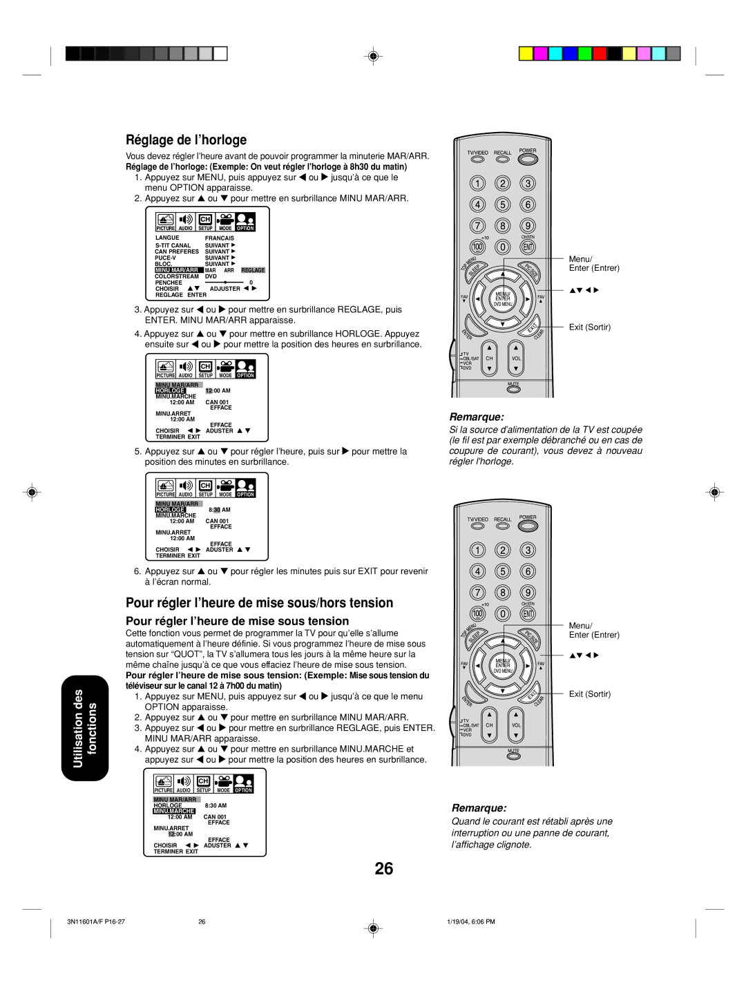 Toshiba 27AFX54 appendix Réglage de l’horloge, Pour régler l’heure de mise sous/hors tension 