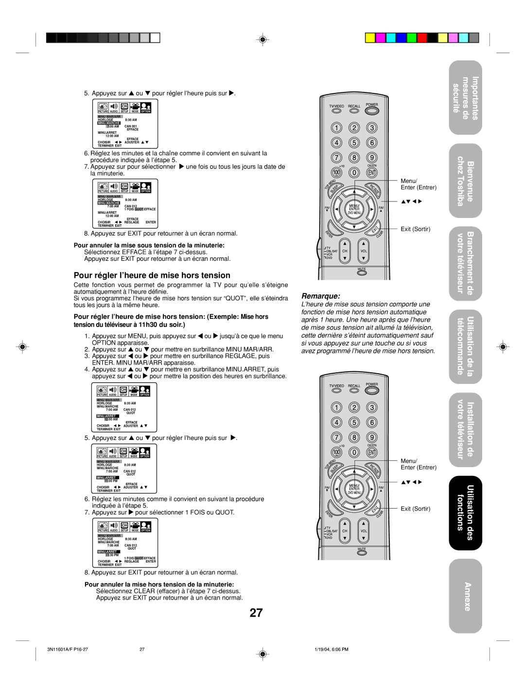 Toshiba 27AFX54 appendix Pour régler l’heure de mise hors tension, Pour annuler la mise sous tension de la minuterie 