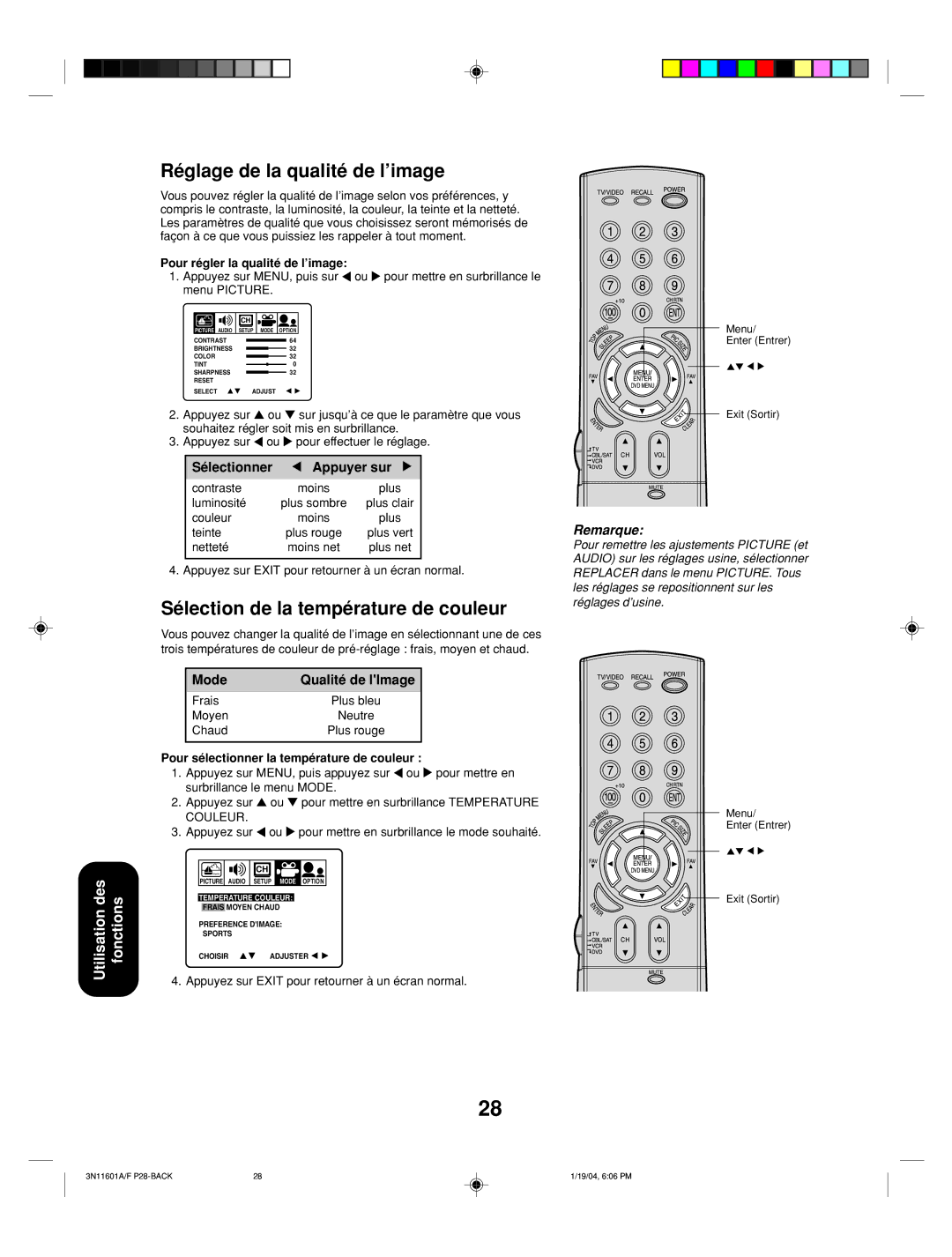 Toshiba 27AFX54 appendix Pour régler la qualité de l’image, Pour sélectionner la température de couleur 