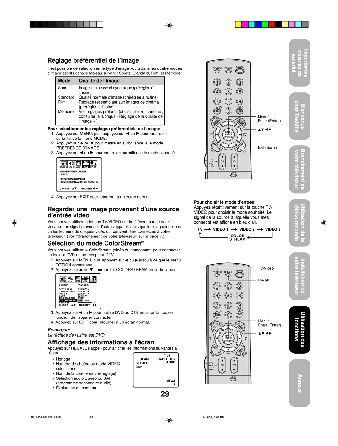 Toshiba 27AFX54 appendix Réglage préférentiel de l’image, Regarder une image provenant d’une source d’entrée vidéo 