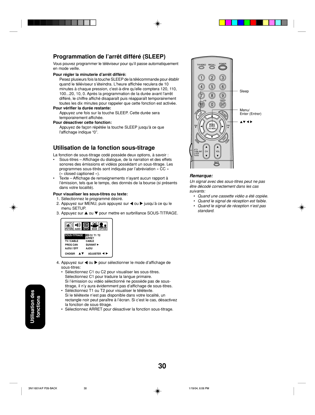 Toshiba 27AFX54 appendix Programmation de l’arrêt différé Sleep, Utilisation de la fonction sous-titrage 