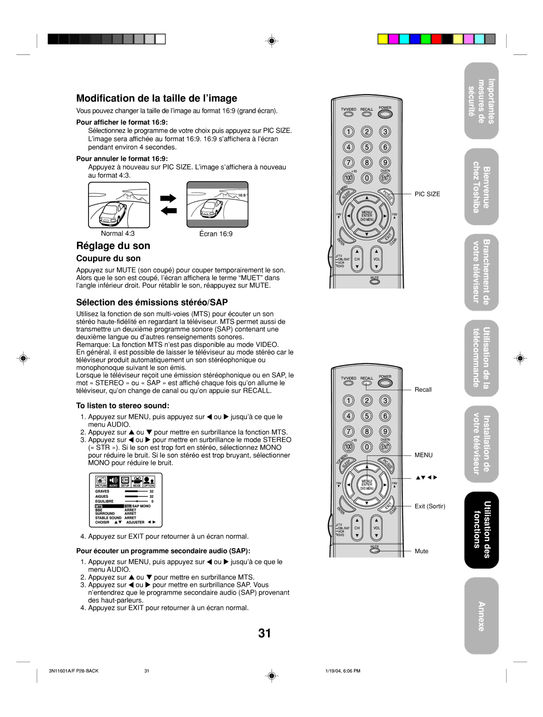 Toshiba 27AFX54 Modification de la taille de l’image, Réglage du son, Coupure du son, Sélection des émissions stéréo/SAP 