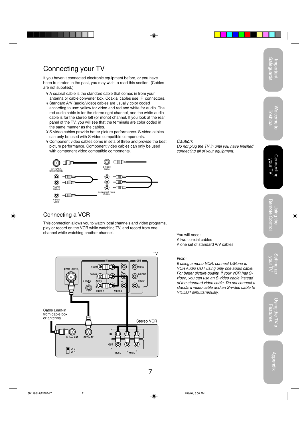 Toshiba 27AFX54 appendix Connecting your TV, Connecting a VCR, With component video compatible components, Stereo VCR 