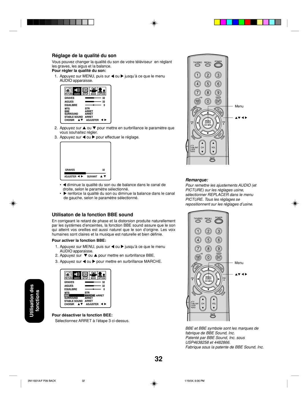 Toshiba 27AFX54 appendix Réglage de la qualité du son, Utilisaton de la fonction BBE sound, Pour régler la qualité du son 