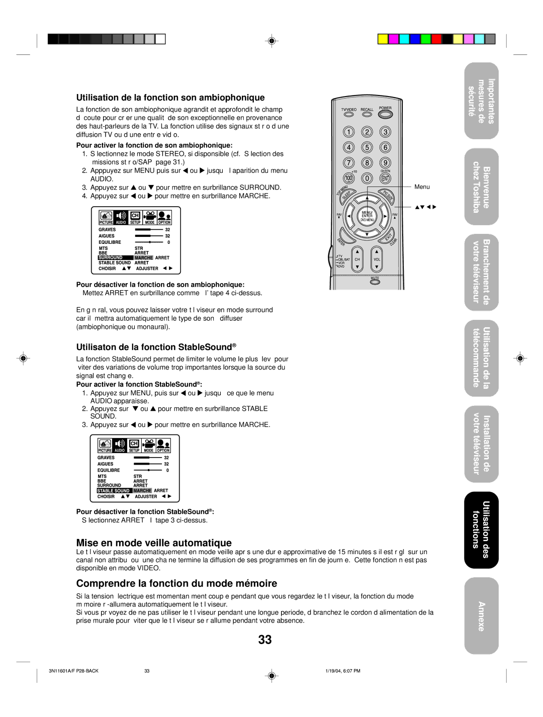 Toshiba 27AFX54 appendix Mise en mode veille automatique, Comprendre la fonction du mode mémoire 