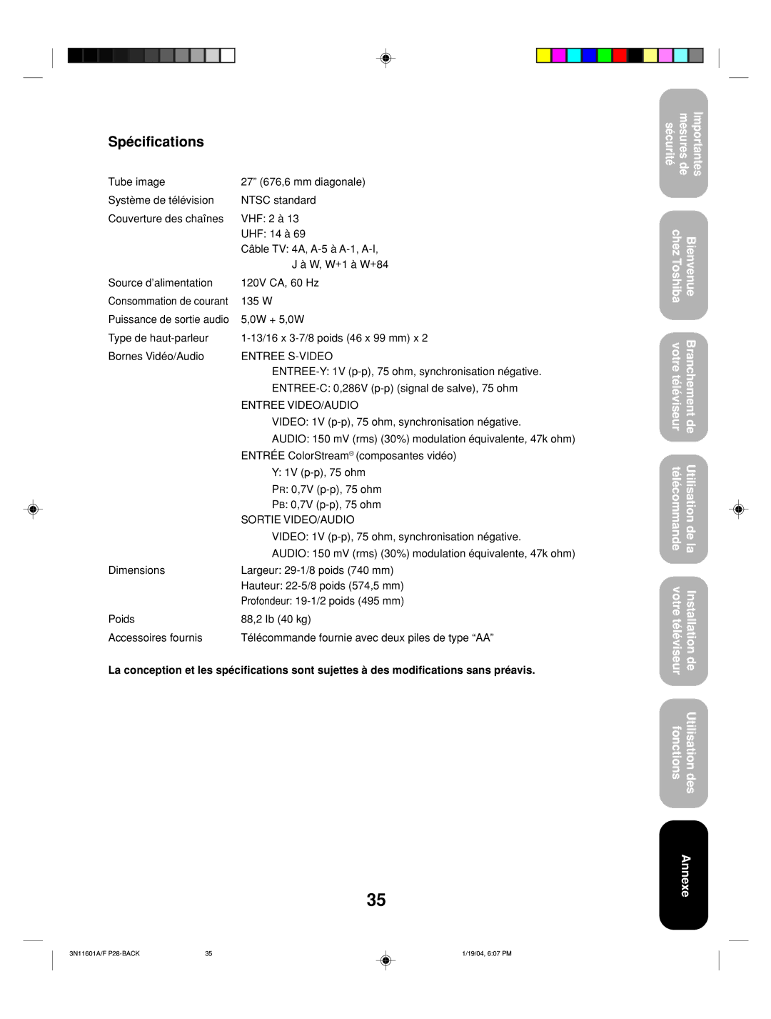 Toshiba 27AFX54 appendix Spécifications, Entree S-VIDEO 