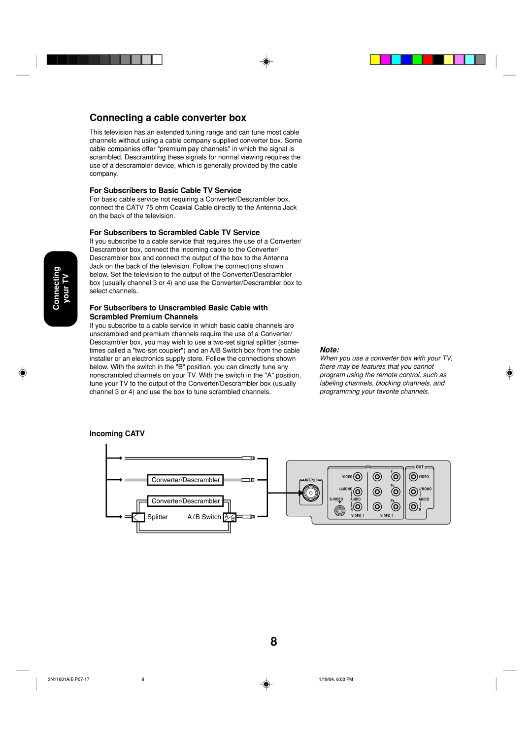 Toshiba 27AFX54 appendix Connecting a cable converter box, Converter/Descrambler Splitter Switch a B 