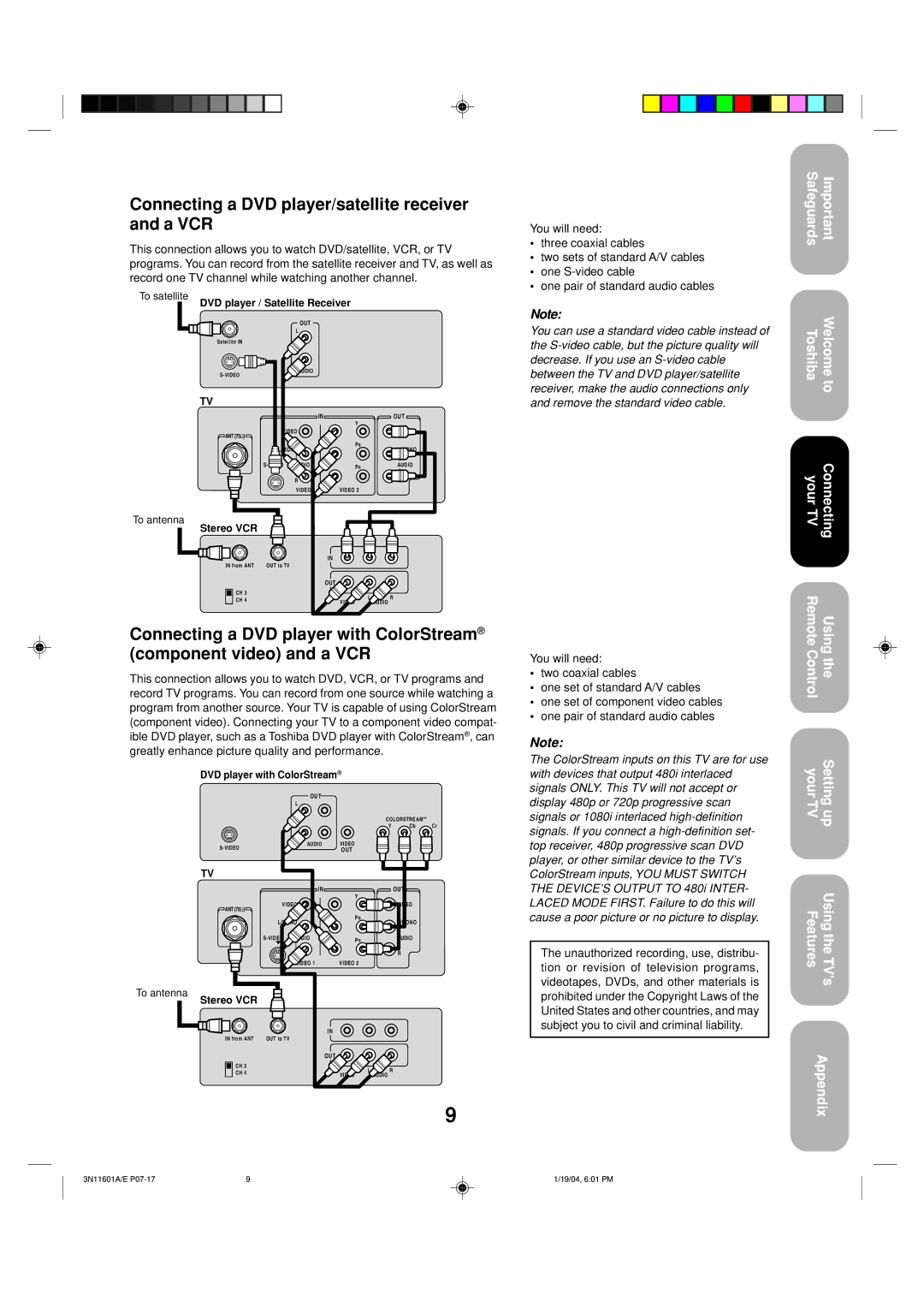 Toshiba 27AFX54 appendix Connecting a DVD player/satellite receiver and a VCR, To satellite DVD player / Satellite Receiver 